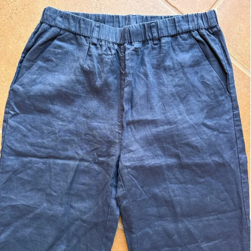 Quince Navy Blue Cropped Linen Pull On Pants Euro Summer Coastal Classic size M